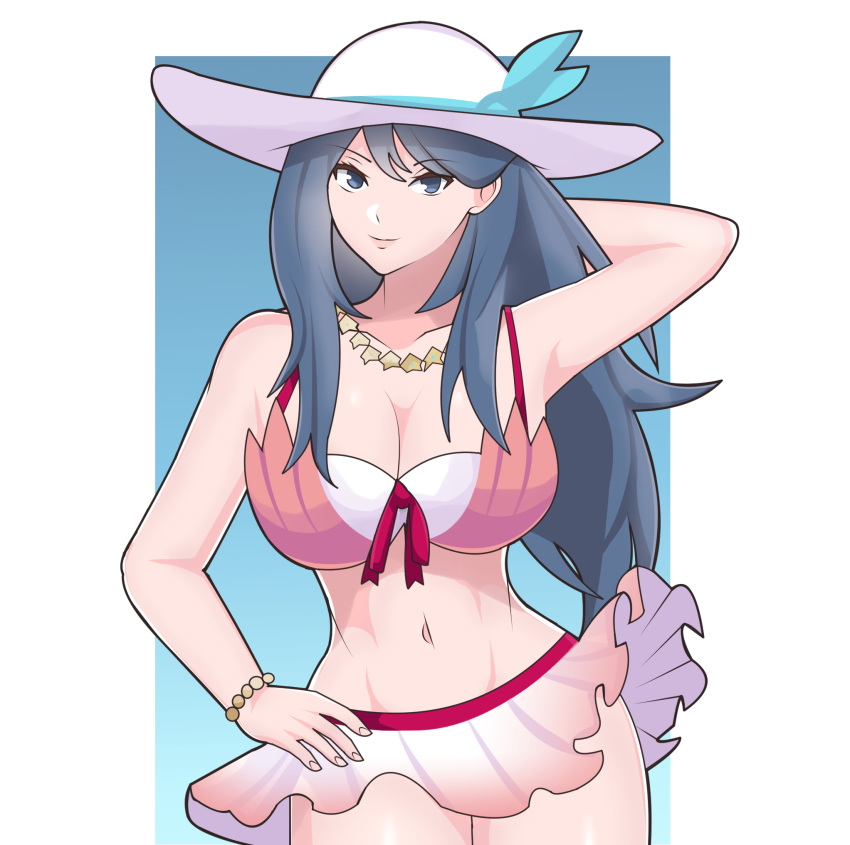 1girl 1girl 1girl alluring alternate_costume big_breasts bikini_skirt blue_eyes blue_hair breasts cleavage djames female_only fire_emblem hat long_hair looking_at_viewer nintendo oribe_tsubasa smile sun_hat tokyo_mirage_sessions_#fe two-tone_bikini white_bikini white_swimsuit