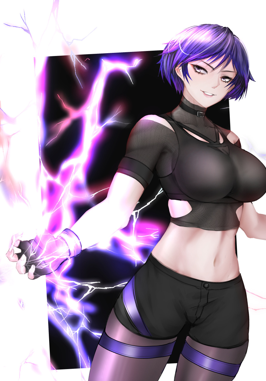 1girl alluring athletic_female big_breasts black_and_purple_hair crop_top female_only fingerless_gloves fit_female kabotoz light-skinned_female lightning namco pantyhose reina_(tekken) shorts tekken tekken_8