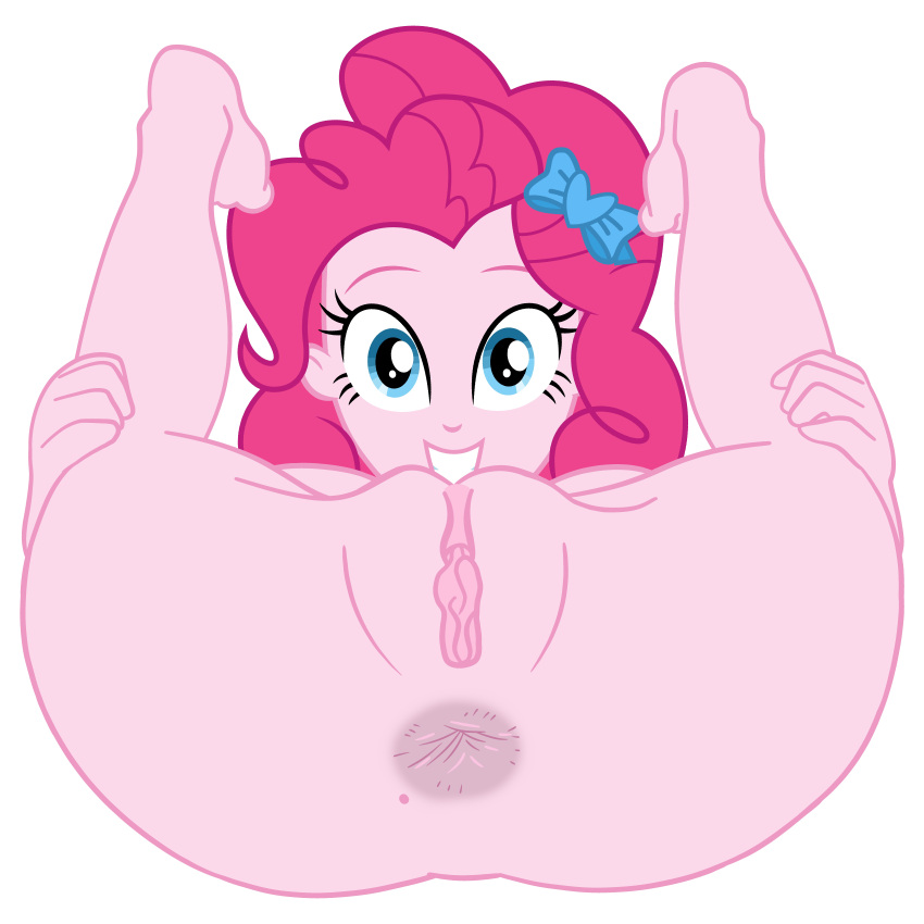 1girl 1girls anus ass ass_focus ass_grab big_ass blue_eyes bubble_butt butthole cndhpr completely_naked_female completely_nude_female equestria_girls female_only friendship_is_magic grin happy legs_up looking_at_viewer my_little_pony nude pink_hair pink_skin pinkie_pie pussy soles theborman06
