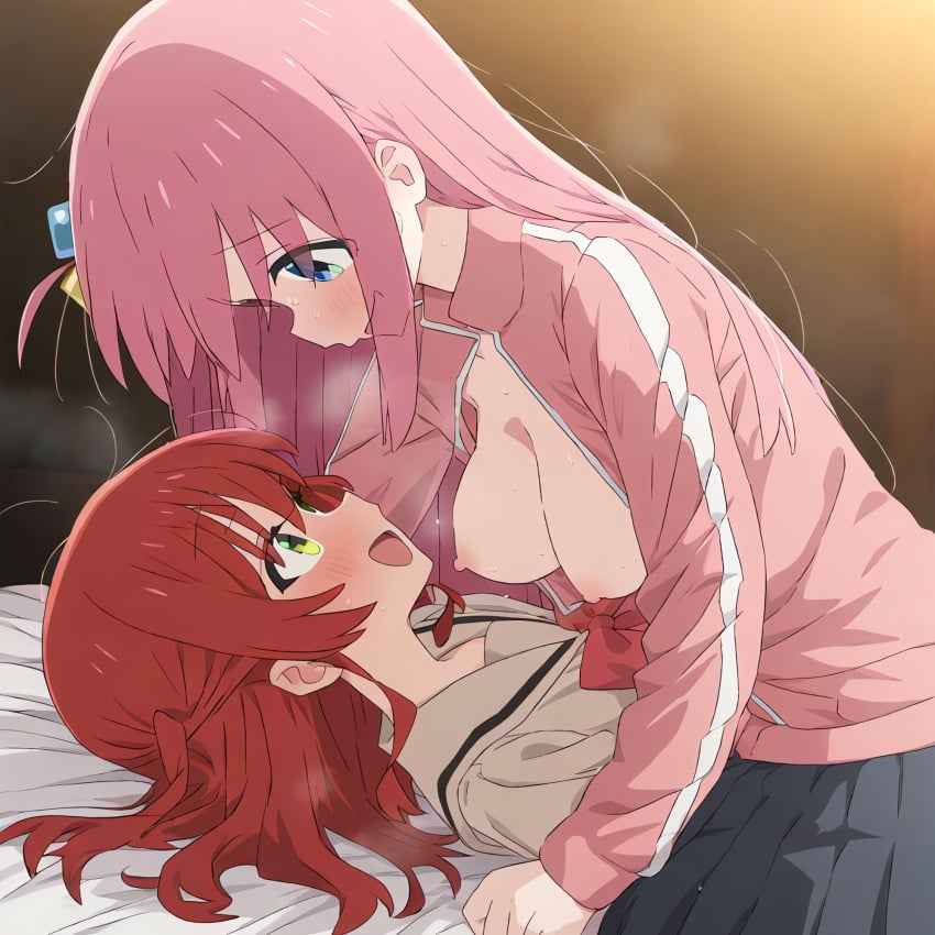 1girl 2_girls ai_generated blue_eyes blush bocchi_the_rock! breasts breasts_out breasts_out_of_clothes female_only gotou_hitori green_eyes kita_ikuyo nipples no_panties open_mouth pink_hair red_hair yamaimo510 yellow_eyes yuri