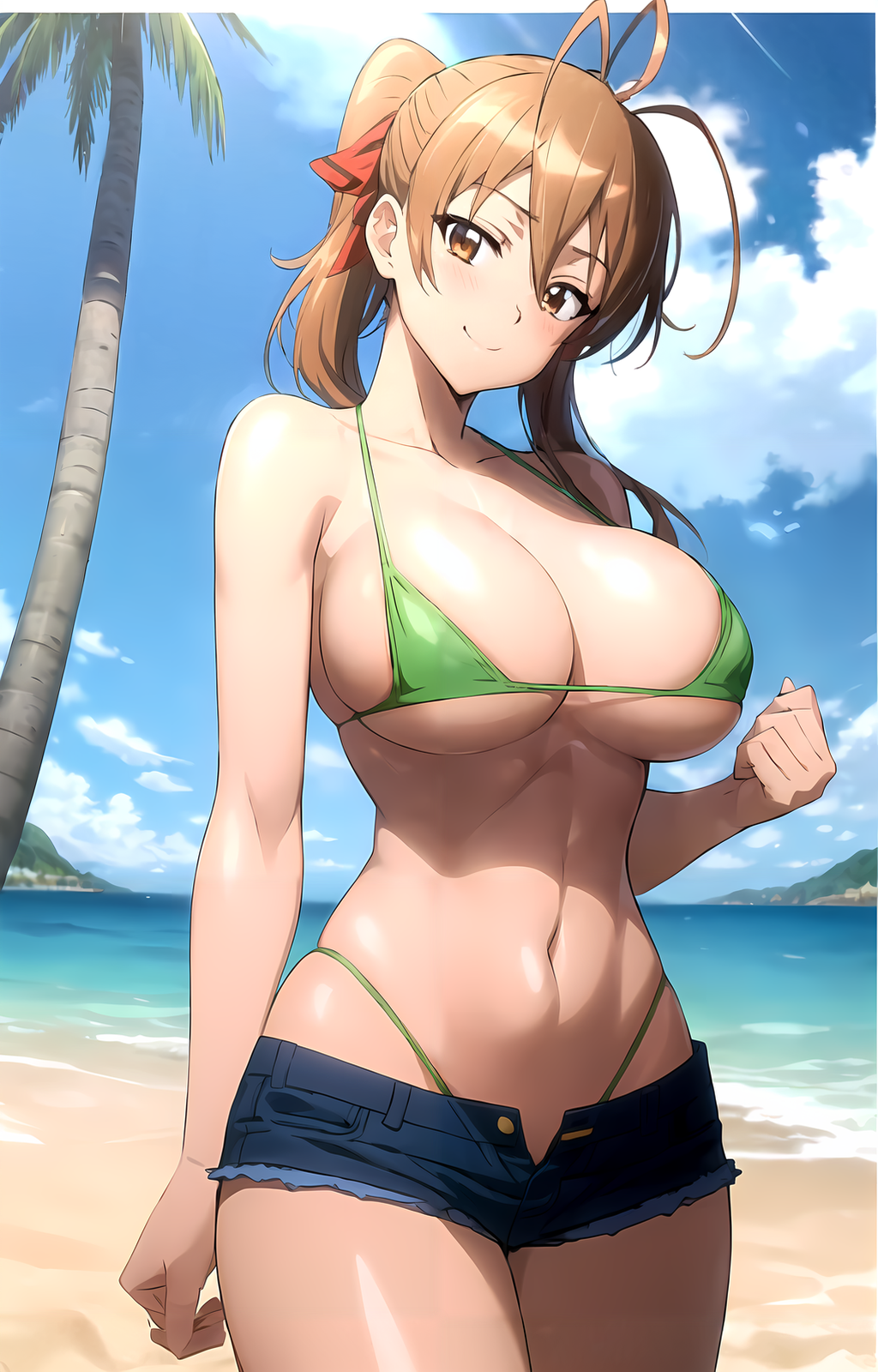 1girl 1girl 1girl ai_generated arm_support beach big_breasts big_breasts big_breasts bikini brown_eyes brown_hair cleavage denim denim_shorts female_only green_bikini highschool_of_the_dead legs long_hair looking_at_viewer navel ocean rei_miyamoto sensual shorts smile stable_diffusion sweat thick_thighs thighs thong_bikini voluptuous water