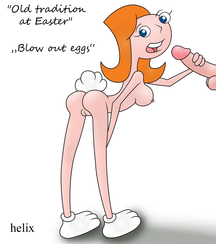 1boy 1girl 2015 ass ass balls blue_eyes bunny_tail candace_flynn disney disney_channel easter eyebrows eyelashes holding_penis jeremy_johnson looking_at_viewer open-mouth_smile orange_hair penis phineas_and_ferb pussy pussy sexy sexy_ass shiny shiny_skin sideboob smiling_at_viewer testicle white_background white_shoes