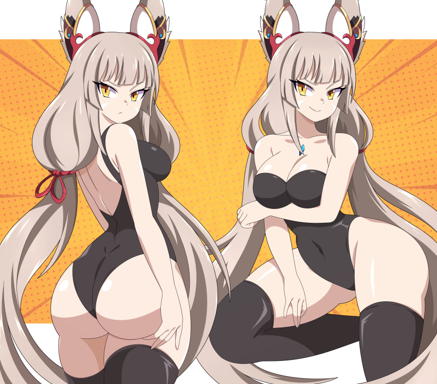 1girl 1girl abysswatchers alluring alternate_breast_size ass blush breasts cat_ears catgirl commission core_crystal dat_ass front_and_back grey_hair latex light-skinned_female light_skin long_hair looking_at_viewer medium_breasts nia_(xenoblade) nintendo one-piece_swimsuit swimsuit thick_thighs twin_tails xenoblade_(series) xenoblade_chronicles_2 yellow_eyes