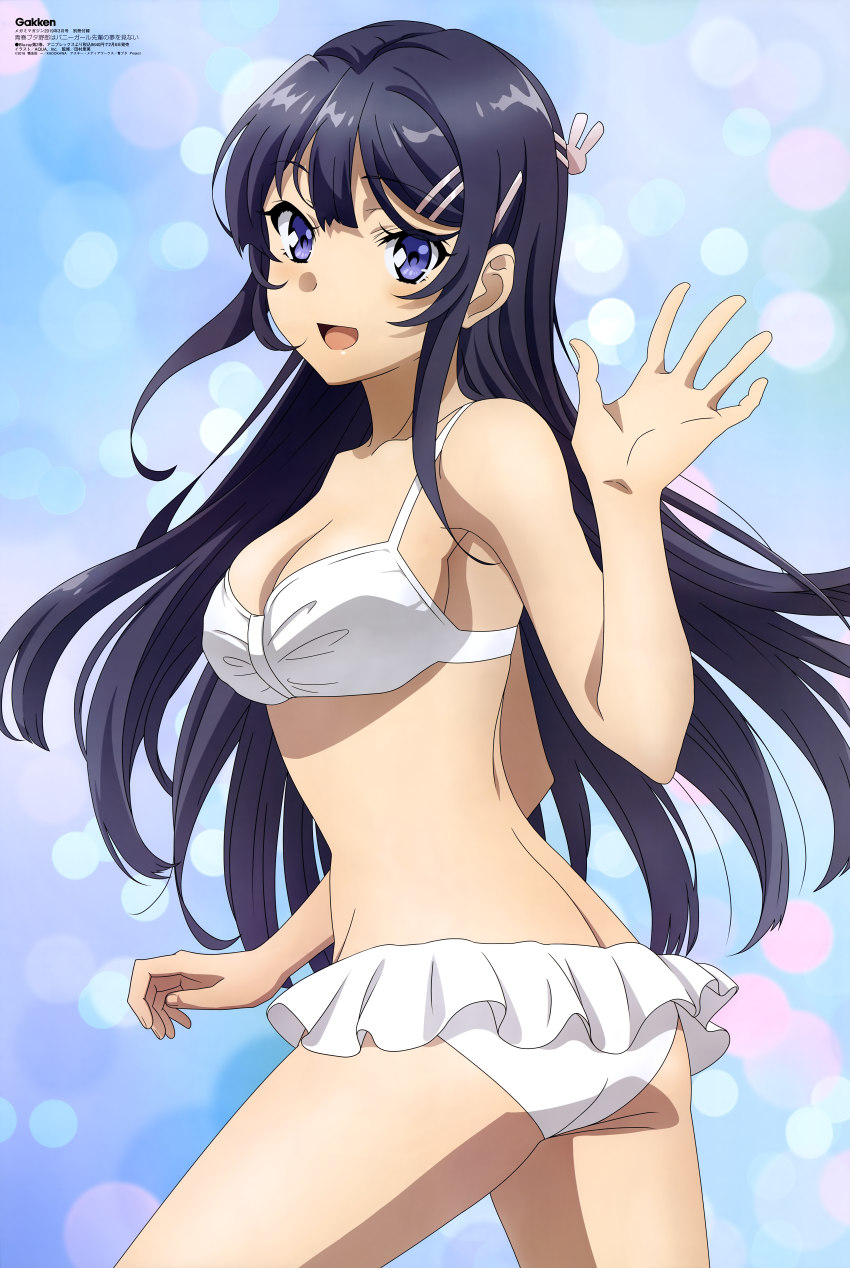 1girl 1girl :d absurd_res alluring aqua_inc. ass bare_legs bare_shoulders bikini black_hair blue_background blue_eyes breasts cleavage collarbone fingernails floating_hair frilled_bikini frills hair_between_eyes hair_ornament high_res long_hair looking_at_viewer magazine_scan medium_breasts megami_magazine official_art open_mouth patterned_background rabbit_hair_ornament sakurajima_mai scan seishun_buta_yarou skindentation smile swimsuit tongue twisted_torso waving white_bikini white_frills