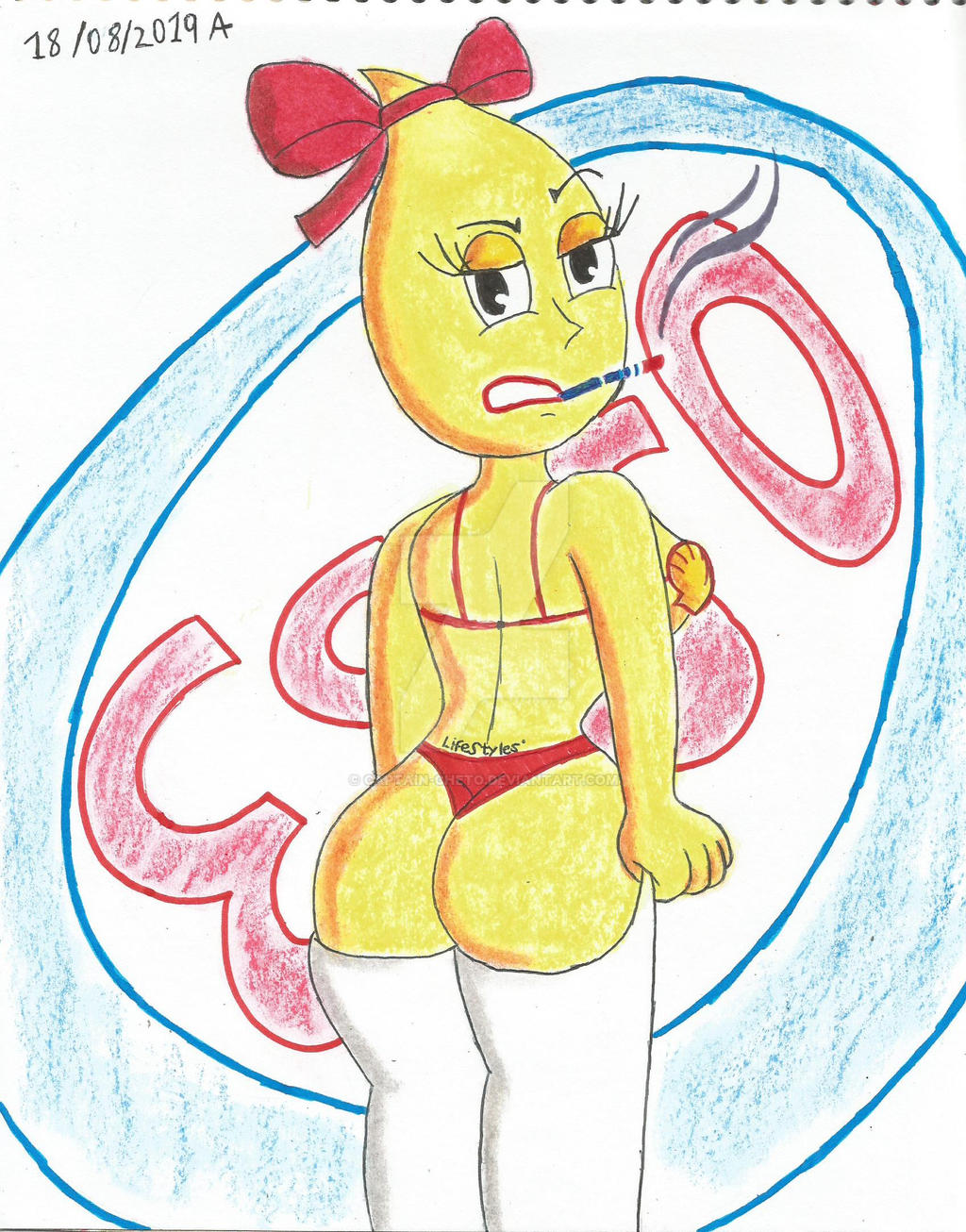 1girl 2019 ass ass big_ass bikini bowtie cigarette esso_girl eyebrows eyelashes lipstick logorama looking_at_viewer mascots red_bow red_panties sideboob smoking white_legwear yellow_lingerie yellow_skin