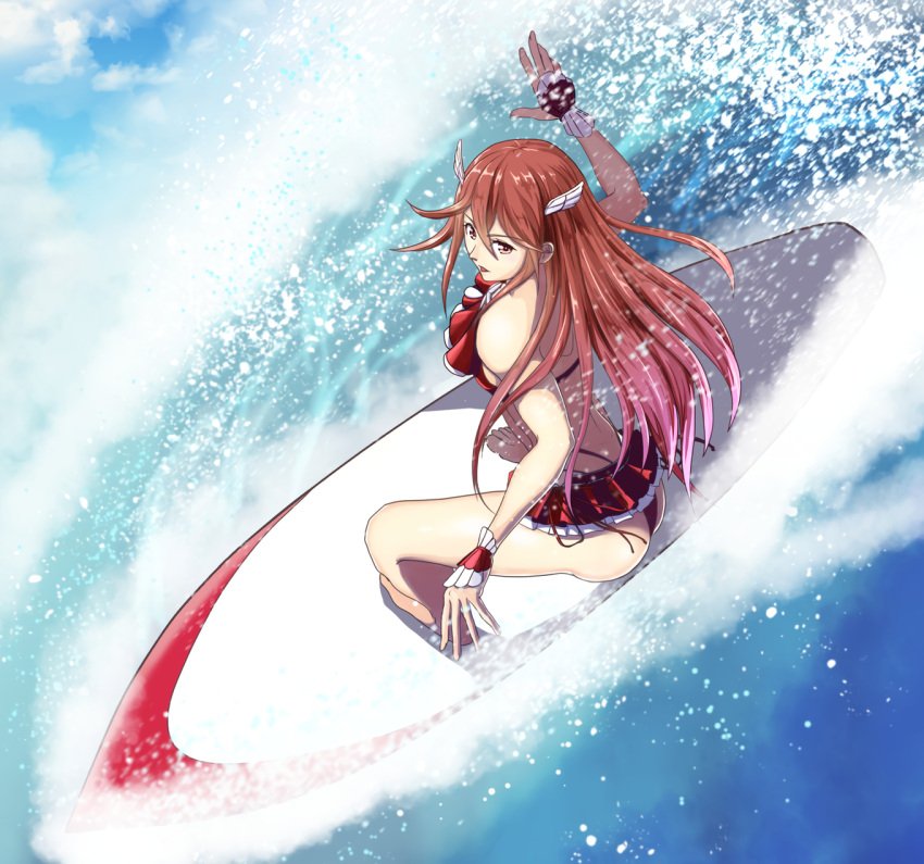 1girl alluring arms_spread ass athletic_female balancing bare_legs barefoot bent_knees bikini bikini_bottom bikini_top blue_sky clouds cordelia_(fire_emblem) cordelia_(summer)_(fire_emblem) fire_emblem fire_emblem_awakening fire_emblem_heroes fit_female flowing_hair hair_between_eyes hair_ornament milf nintendo ocean omiza_somi overhead_view red_eyes red_hair ruffled_skirt ruffles seashell short_skirt sukkirito_(rangusan) surfboard surfer surfing very_long_hair wave wave_ride waves