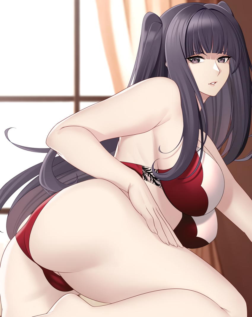 1girl alluring aslind_samure aslindsamure ass bangs bare_arms bare_legs big_breasts black_eyes black_hair bra breasts female_only fire_emblem fire_emblem_awakening indoors large_ass legs lingerie looking_at_viewer looking_back milf nintendo panties red_panties tharja tharja_(fire_emblem) thick_thighs underwear