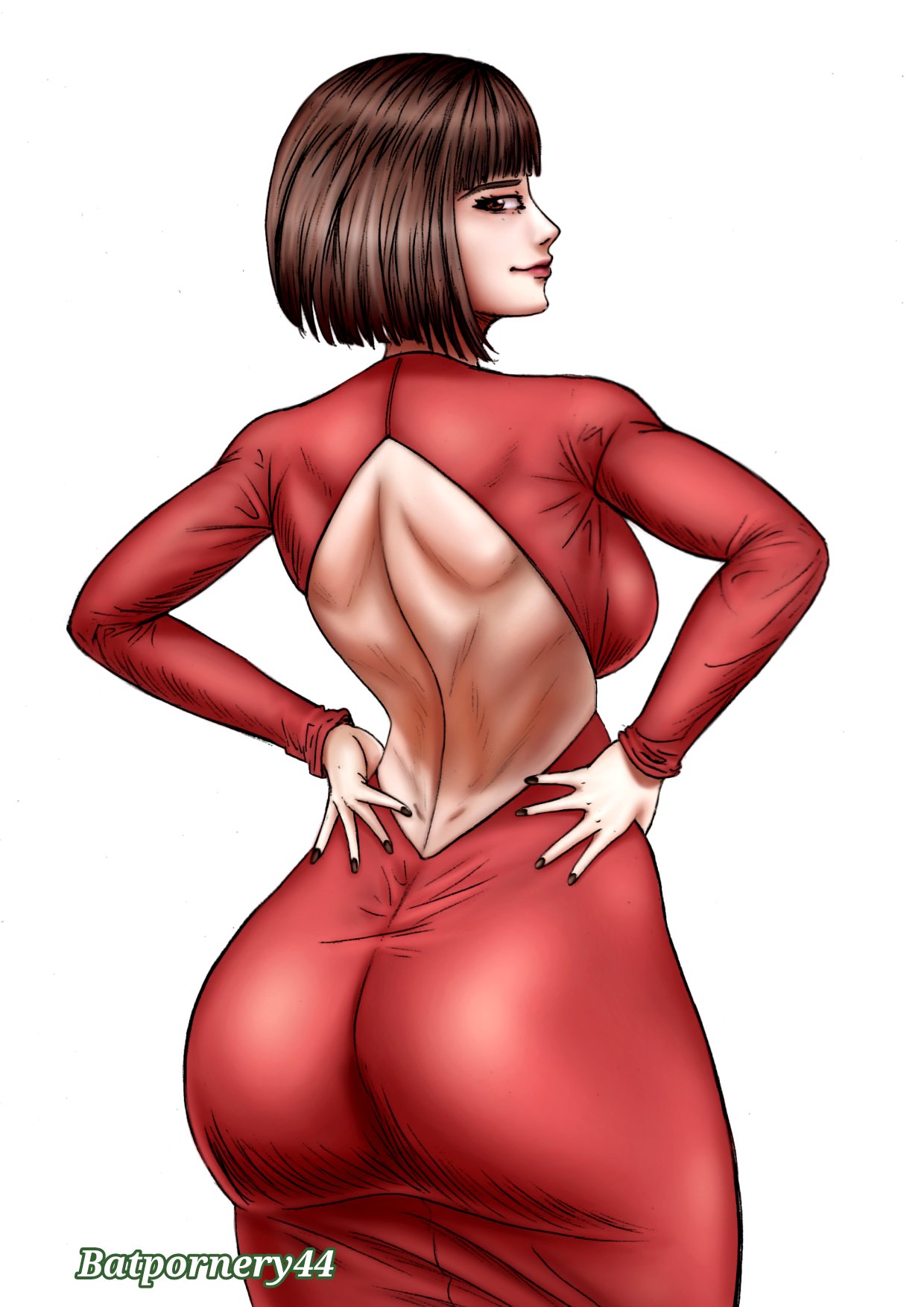 1girl anna_williams ass back_cutout bandai_namco batpornery brown_hair clothing_cutout dress from_behind hands_on_own_hips huge_ass lips looking_back namco namco_bandai short_hair tekken tekken_1 tekken_2 tekken_3 tekken_5 tekken_5_(dark_resurrection) tekken_5_dark_resurrection tekken_5_dark_resurrrection tekken_6 tekken_6_bloodline_rebellion tekken_7 tekken_blood_vengeance tekken_tag_tournament tekken_tag_tournament_2 tekken_the_motion_picture watermark white_background