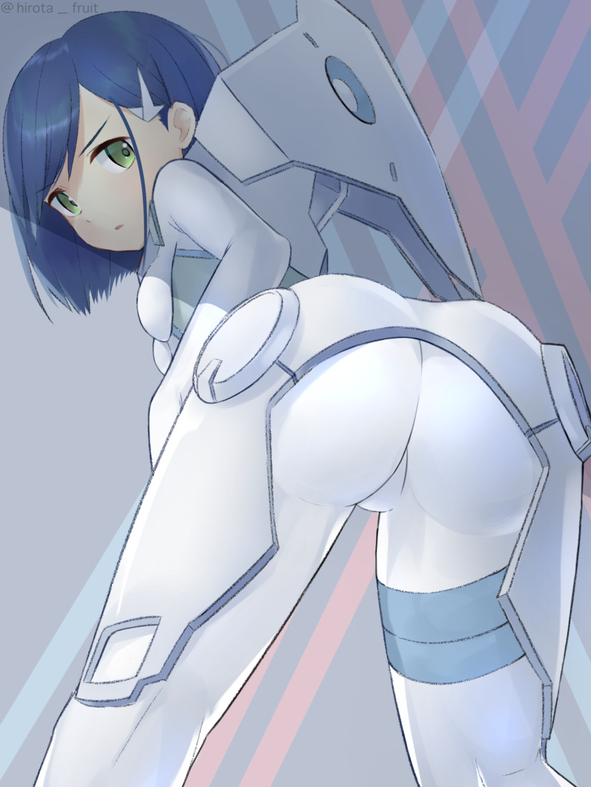 1girl annoyed arm_at_side artist_name ass bent_over blue_hair bob_cut bodysuit breasts commentary cowboy_shot darling_in_the_franxx dat_ass female from_behind furrowed_brow green_eyes hair_ornament hairclip high_res hirota_fruit hood hood_down ichigo_(darling_in_the_franxx) leaning_forward looking_at_viewer looking_back loose_hair_strand parted_lips pilot_suit short_hair skin_tight small_breasts solo swept_bangs twitter_username white_bodysuit