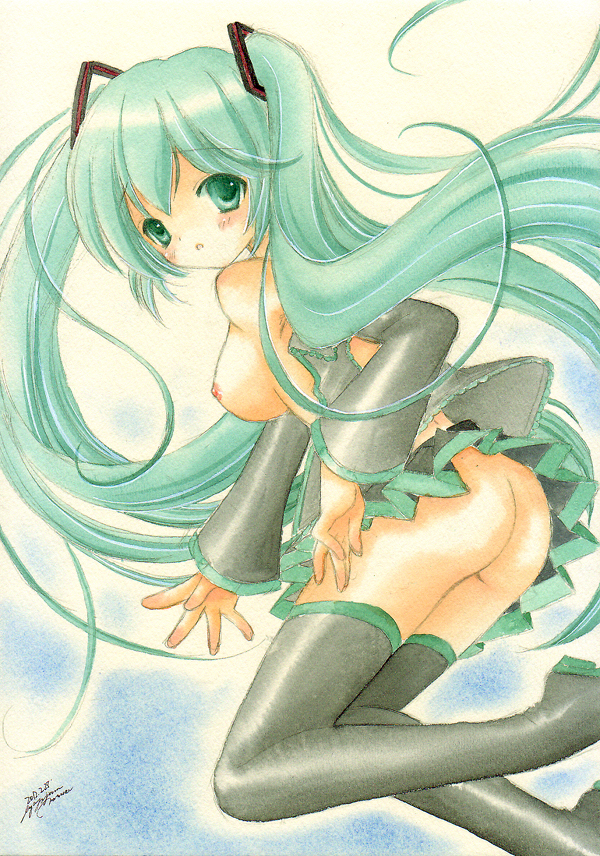 1girl aqua_hair asapon ass blue_eyes boots breasts commentary_request detached_sleeves long_hair medium_breasts miku_hatsune no_bra no_panties open_clothes open_shirt shirt signature skirt thigh_high_boots tigh_heights traditional_media twin_tails very_long_hair vocaloid