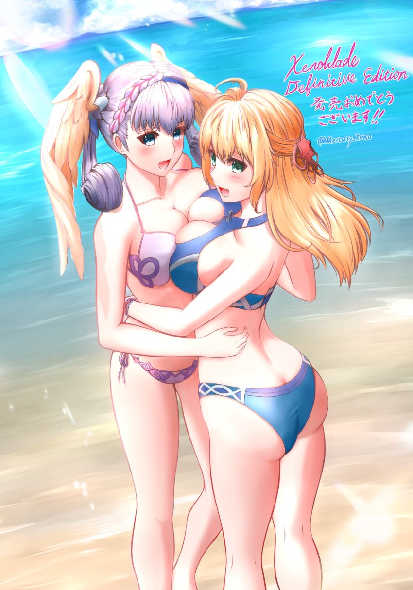 2_girls alluring ass beach blonde_hair blue_eyes breasts fiora_(xenoblade) green_eyes grey_hair head_wings melia_antiqua mercury_xeno navel nintendo short_hair stomach swimsuit water xenoblade_(series) xenoblade_chronicles