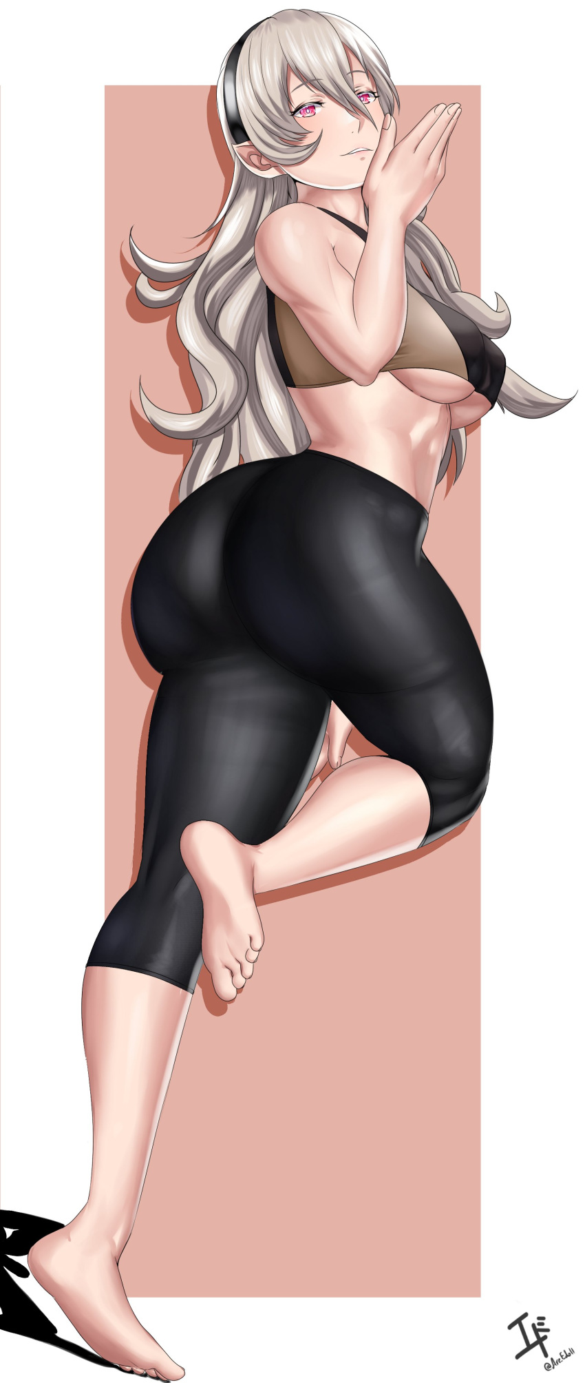 1girl 1girl 1girl alluring arcedo ass barefoot big_breasts breasts corrin_(fire_emblem) corrin_(fire_emblem)_(female) covered_nipples feet female_only fire_emblem fire_emblem_fates grey_hair hair_between_eyes large_ass long_hair looking_at_viewer looking_back nintendo pink_eyes pointy_ears running soles tank_top toes under_boob workout yoga_pants