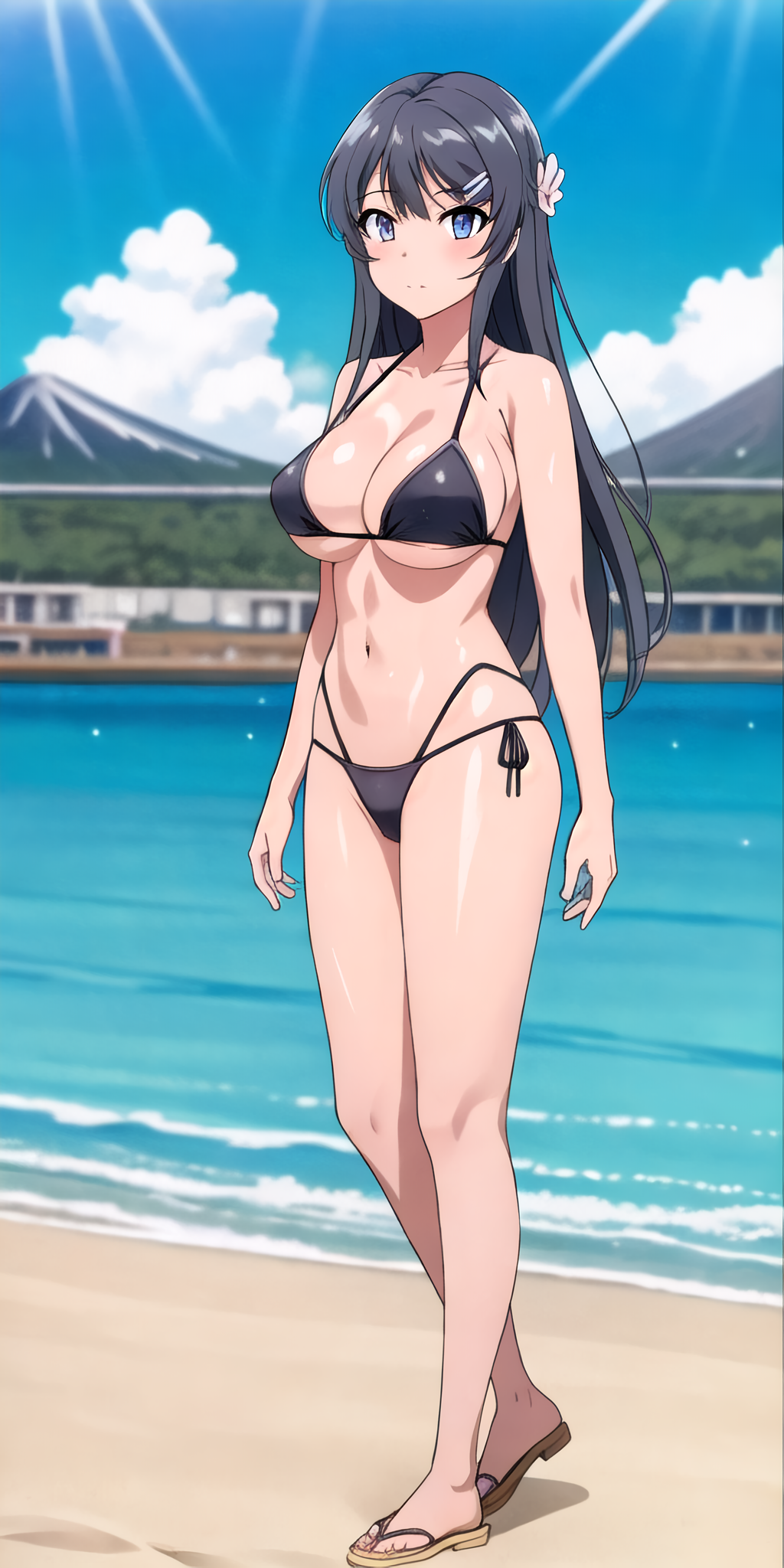 1girl 1girl 1girl alluring beach big_breasts bikini black_hair blue_eyes feet female_only high_res legs long_hair looking_at_viewer navel ocean sakurajima_mai seishun_buta_yarou_wa_bunny_girl_senpai_no_yume_wo_minai thighs thong_bikini voluptuous water zengai