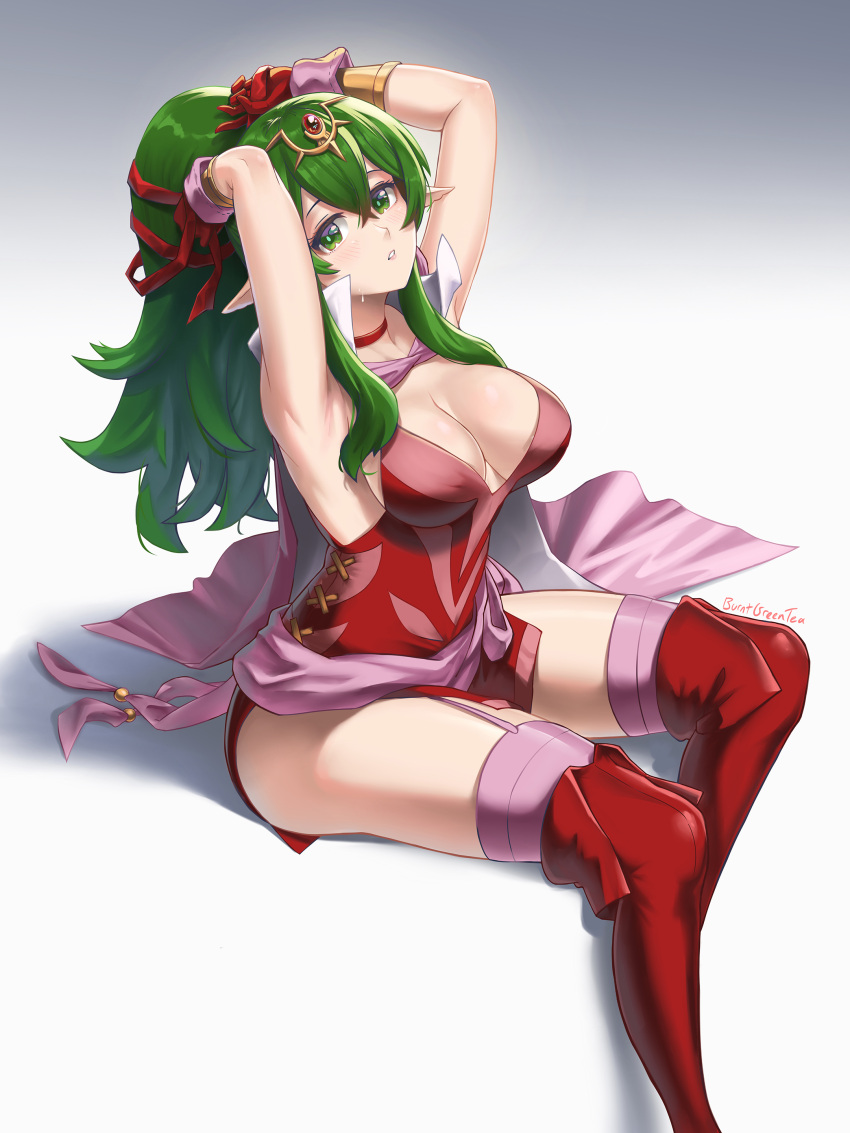 1girl 1girl absurd_res alluring arms_up artist_name big_breasts blush bracelet breasts burnt_green_tea choker cleavage commentary dress english_commentary fire_emblem fire_emblem_awakening gloves green_eyes green_hair hair_ornament hair_ribbon high_collar high_res invisible_chair jewelry long_hair looking_at_viewer nintendo pointy_ears ponytail red_choker red_dress red_gloves red_ribbon red_thighhighs ribbon shadow short_dress simple_background sitting sleeveless sleeveless_dress stockings thighs tiki_(adult)_(fire_emblem) tiki_(fire_emblem) tying_hair