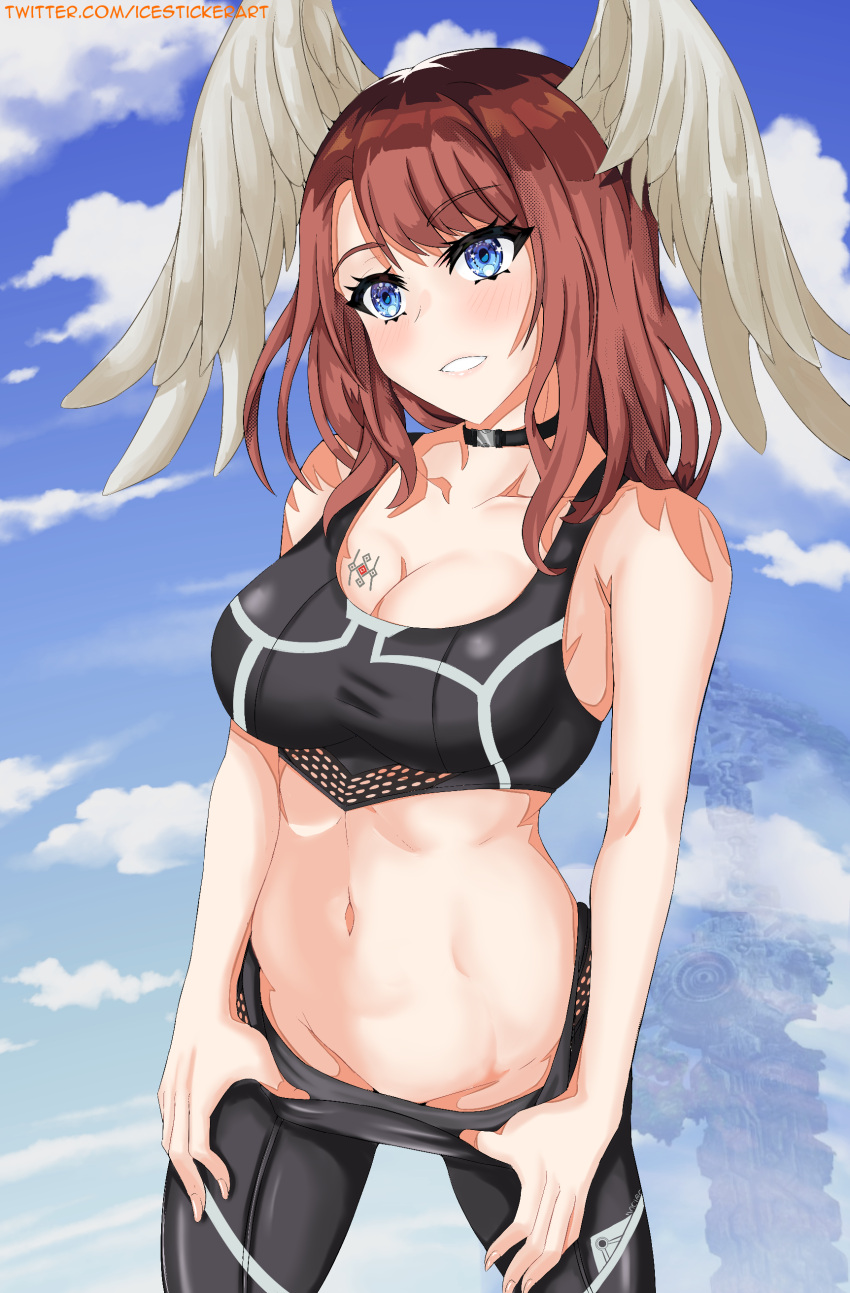 1girl 1girl absurd_res alluring asymmetrical_bangs big_breasts big_breasts black_pants blue_eyes blue_sky breast_tattoo breasts brown_hair cleavage clothes_pull cloud collarbone commentary crop_top eunie_(xenoblade) feathered_wings groin head_wings high_res icesticker medium_hair navel nintendo nintendo1girl pants pants_pull parted_lips simple_background sky smile standing tattoo white_wings wings xenoblade_(series) xenoblade_chronicles_3