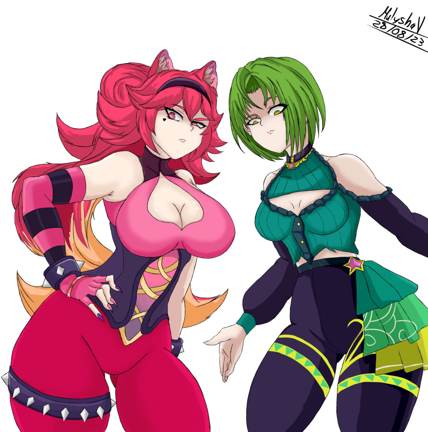 1girl 2_girls artist_name artist_signature asymmetrical_clothes big_breasts brown_eyes colombian ear_piercing earrings female_focus fingerless_gloves freckles green_hair green_nails hispanic hispanic_virtual_youtuber huge_breasts indie_virtual_youtuber latam_virtual_youtuber legs light-skinned_female light_skin long_hair lunaria_ayaren monochrome_background mulyshav necklace pink_eyes red_eyes red_hair red_pants ryumi ryumivt short_hair signature small_breasts small_breasts thick_thighs thighs twitch twitch.tv virtual_youtuber vtuber yellow_eyes youtube youtube_hispanic