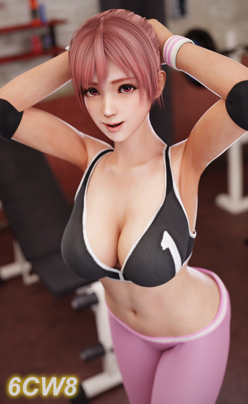 1girl 6cw8 alluring big_breasts cleavage dead_or_alive dead_or_alive_6 dead_or_alive_xtreme dead_or_alive_xtreme_2 dead_or_alive_xtreme_3 dead_or_alive_xtreme_3_fortune dead_or_alive_xtreme_beach_volleyball dead_or_alive_xtreme_venus_vacation gym gym_pants honoka honoka_(doa) pink_hair red_eyes sports_bra tecmo