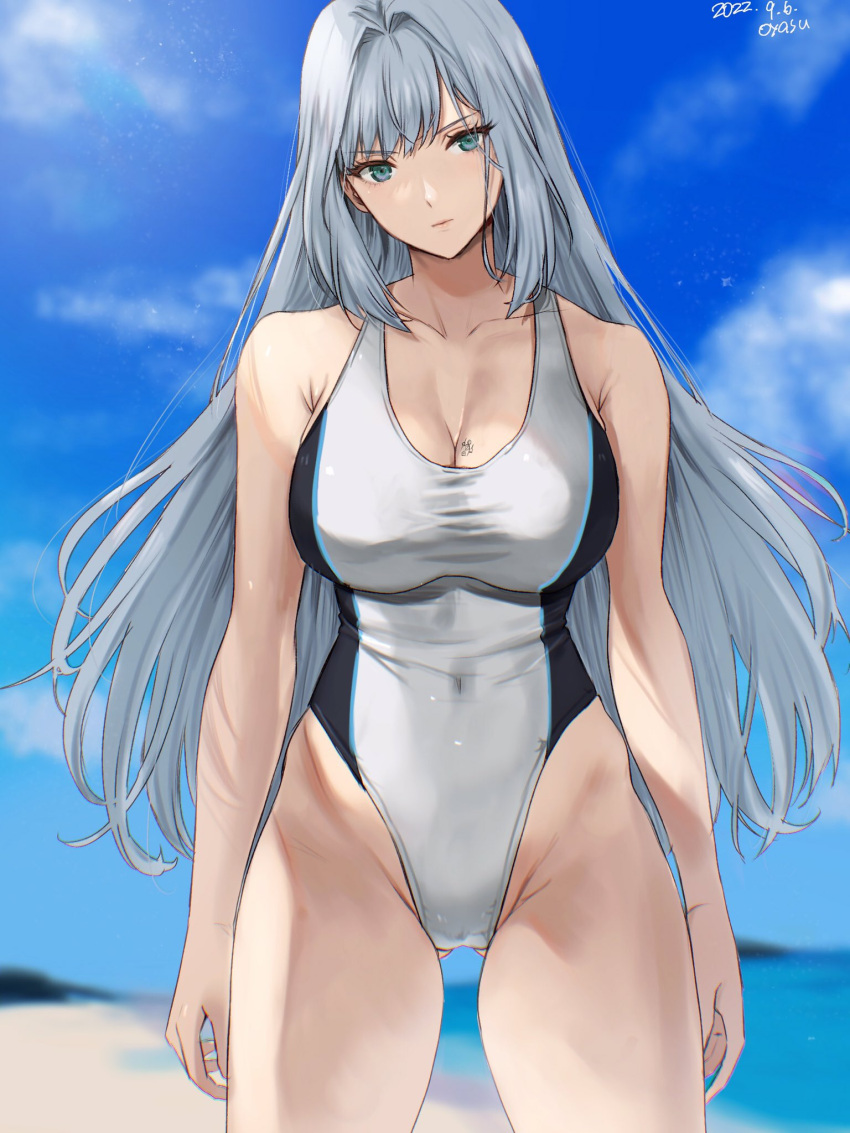 1girl alluring artist_signature bare_legs big_breasts blue_eyes ethel_(xenoblade) heroes_(xenoblade_3) mature_female nintendo one-piece_swimsuit oyasu silver_hair swimsuit thick_thighs xenoblade_(series) xenoblade_chronicles_3