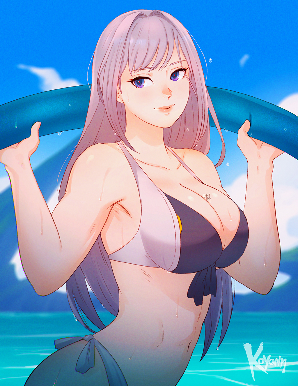 1girl alluring athletic_female beach big_ass big_breasts casual cleavage ethel_(xenoblade) female_abs female_only fit_female heroes_(xenoblade_3) koyoriin koyorin light-skinned_female navel nintendo xenoblade_(series) xenoblade_chronicles_3