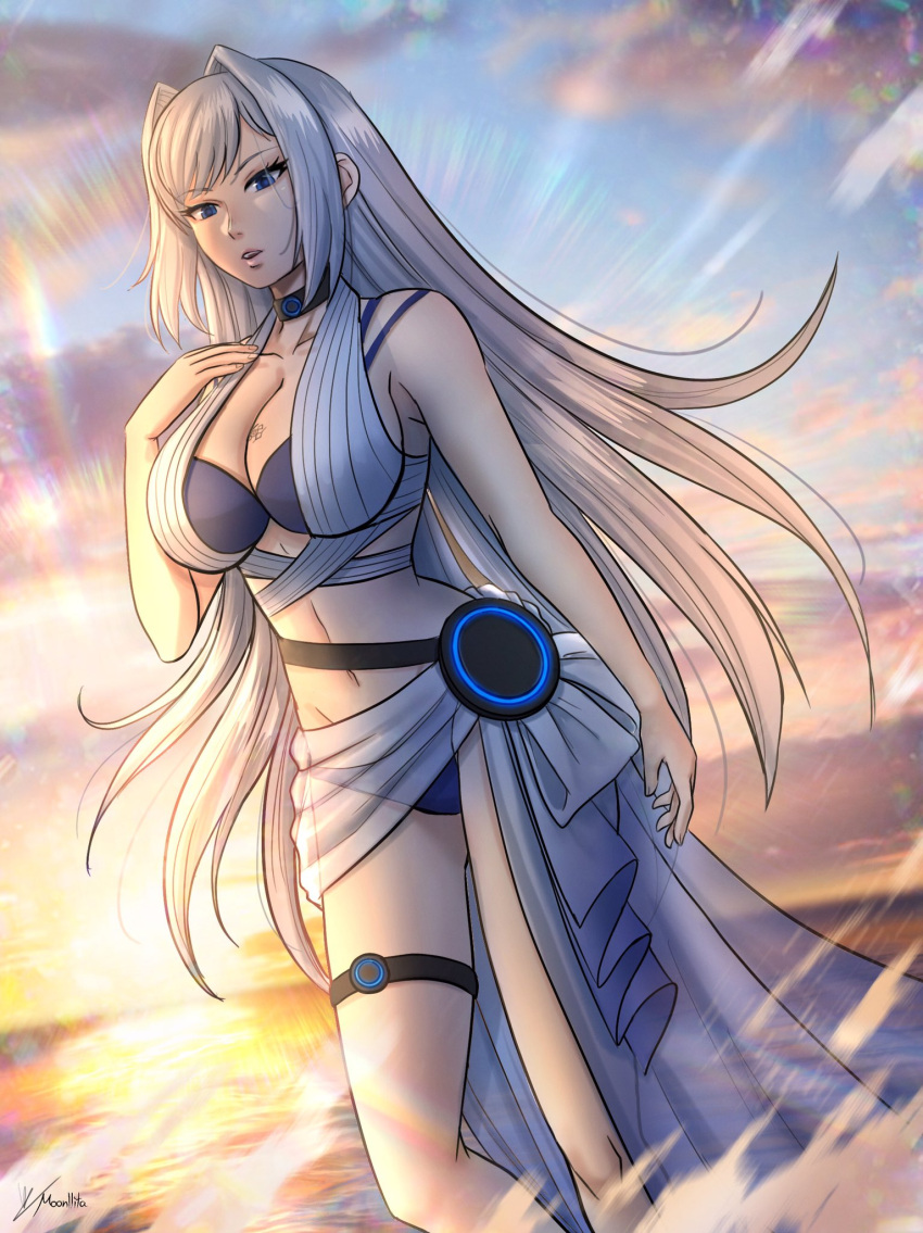 1girl alluring bare_legs beach big_breasts bikini blue_eyes cleavage ethel_(xenoblade) moonllita_(artist) nintendo ocean silver_hair sunset water xenoblade_(series) xenoblade_chronicles_3