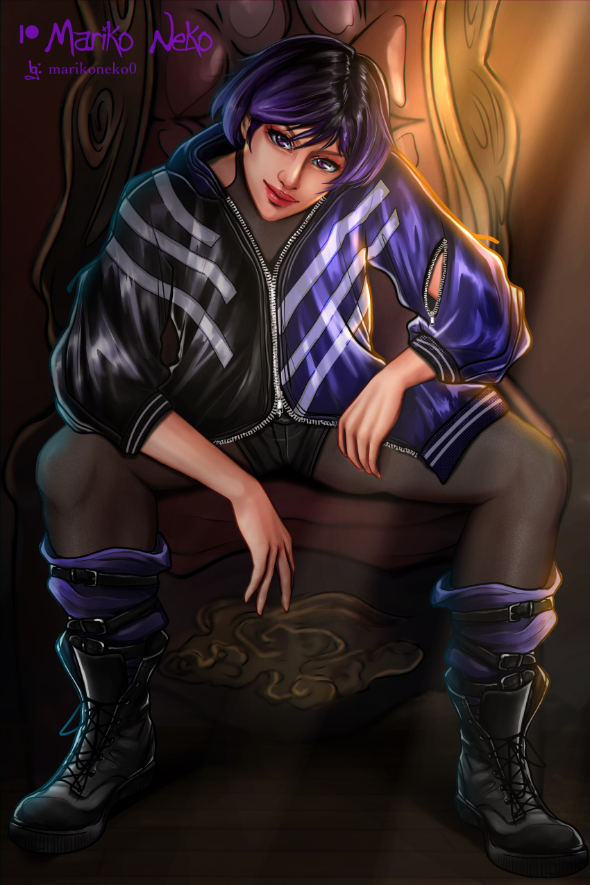 1girl alluring big_breasts black_and_purple_hair clothed detailed_background female_only grin jacket marikoneko marikoneko0 namco pantyhose purple_eyes reina_(tekken) shoes short_hair shorts sitting sitting_on_throne smile tekken tekken_8 throne