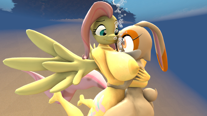 2girls anthro barefoot big_breasts breasts bubbles cream_the_rabbit crossover cuddling daemont92 female female/female fluttershy fluttershy_(mlp) friendship_is_magic hasbro my_little_pony nude pegasus pony rabbit sega skinny_dipping sonic_(series) sonic_the_hedgehog_(series) source_filmmaker tagme underwater