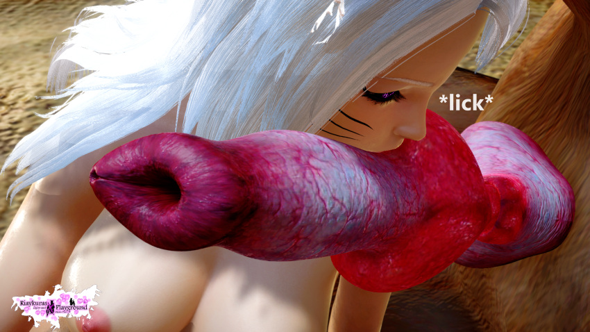 3d animal_humanoid bestiality big_breasts canine female_on_feral fox_ears kuuri licking_penis long_hair nude nude_female riaykuras_playground sucking_penis tail whisker_markings white_hair zoophilia