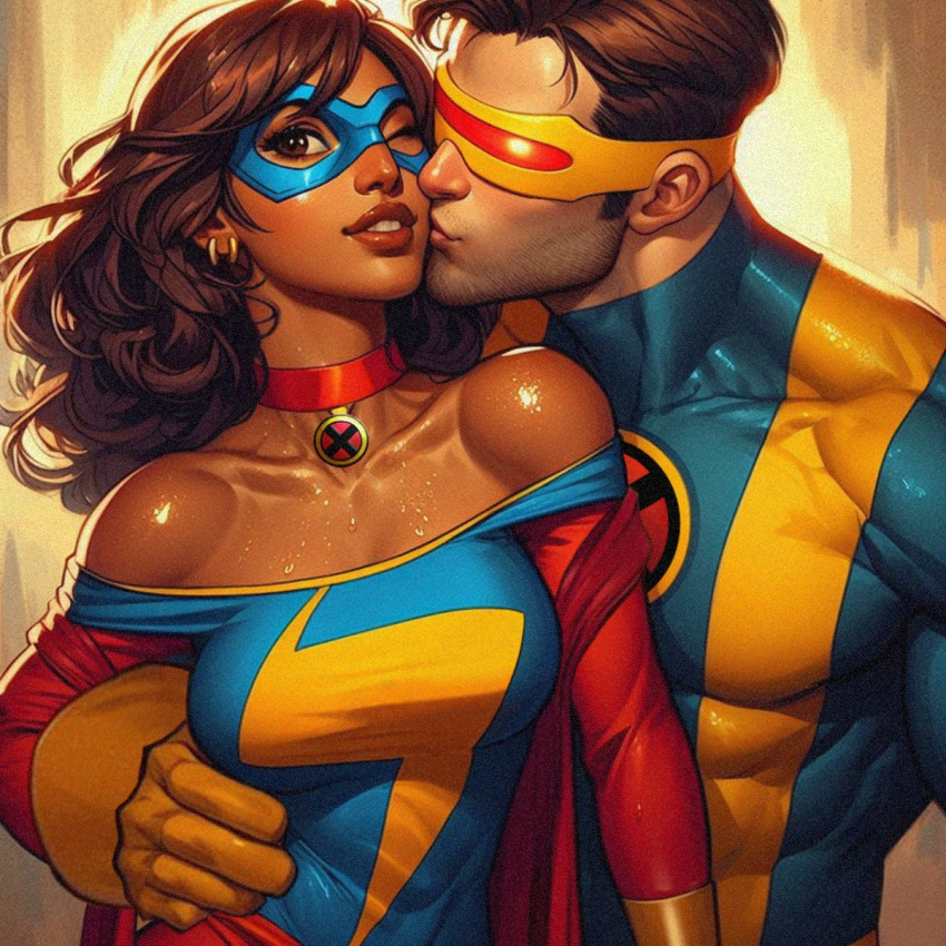 ai_edit ai_generated bare_shoulders big_breasts brown_eyes brown_hair brown_skin choker collarbone cyclops_(x-men) dark-skinned_female earrings eyemask hand_on_waist interracial kamala_khan kissing_cheek light-skinned_male long_hair marvel marvel_comics ms._marvel muscular_male muslim_female scott_summers superhero superheroine tight_clothing x-men