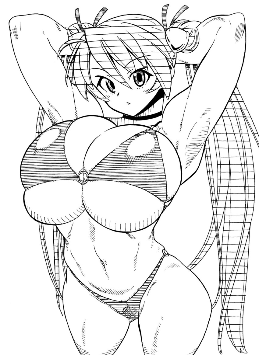 arms_behind_head arms_up big_breasts bikini bimbo breasts gigantic_breasts high_res hokuto_(tokuho) huge_breasts kagurazaka_asuna long_hair looking_at_viewer mahou_sensei_negima mahou_sensei_negima! massive_breasts monochrome swimsuit twin_tails very_long_hair