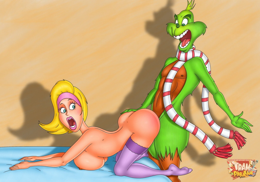 1boy 1girl ass ass ass_grab bed bedroom big_ass big_breasts blonde_hair blue_eyes buttjob christmas donna_who dr_seuss eyebrows eyelashes green_eyes green_nose green_skin how_the_grinch_stole_christmas lipstick male male/female naked_female nude open_mouth penis_in_ass penis_in_pussy pink_lipstick purple_legwear pussy scarf sex sideboob spanking the_grinch tram_pararam