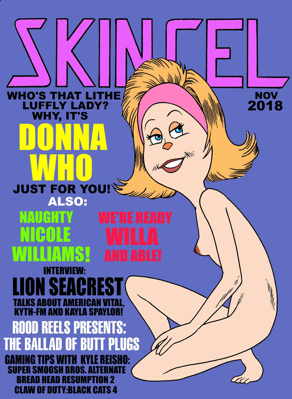 1girl 1girl 1girl 2021 barefoot blonde_hair blue_eyes christmas crouching donna_who english_text eyebrows eyelashes feet female_only how_the_grinch_stole_christmas lipstick looking_at_viewer magazine_cover milf nude pinup small_breasts the_grinch toes toonytease who_(species)