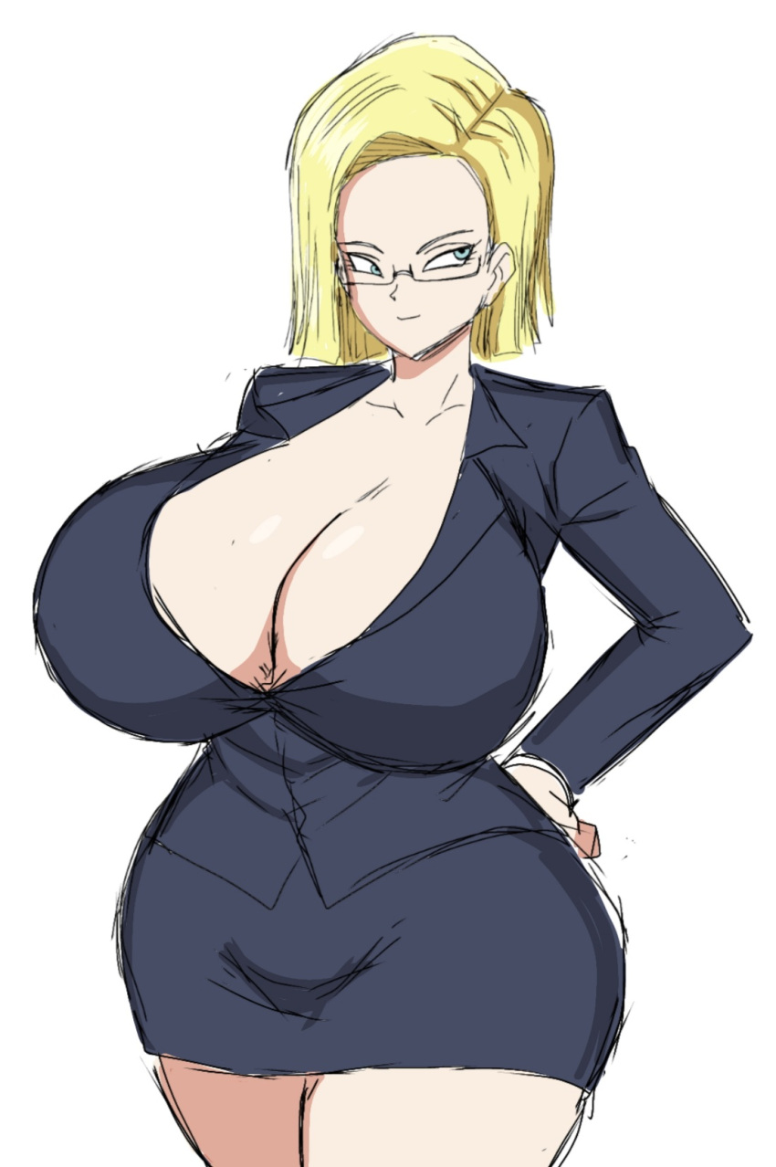 1girl 1girl 1girl android_18 big_areola big_breasts blonde blonde_hair blue_eyes breasts dragon_ball female_focus female_only glasses huge_areolae huge_breasts momiji_(artist)