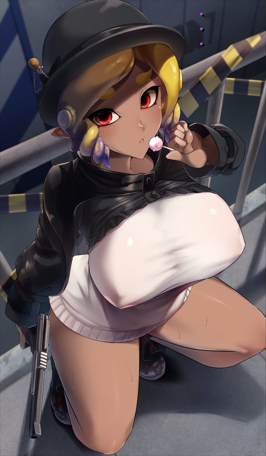 ... 1girl 1girl absurd_res asymmetrical_hair big_shine black_footwear black_headwear black_ribbon blonde_hair blush bowler_hat candy caution_tape commentary_request covered_nipples dark-skinned_female dark_skin dress drill_hair food from_above full_body gradient_hair gun hand_up handgun hat hat_ornament hat_ribbon high_res holding holding_candy holding_food holding_gun holding_lollipop holding_weapon light_blush lollipop long_sleeves looking_at_viewer multicolored_hair n-zap_(splatoon) octoling octoling_girl open_mouth pointy_ears purple_hair railing red_eyes ribbon shiny_skin shoes short_dress shrug_(clothing) sidelocks splatoon_(series) spread_legs squatting suction_cups sweat tentacle tentacle_hair thighs two-tone_hair weapon white_dress