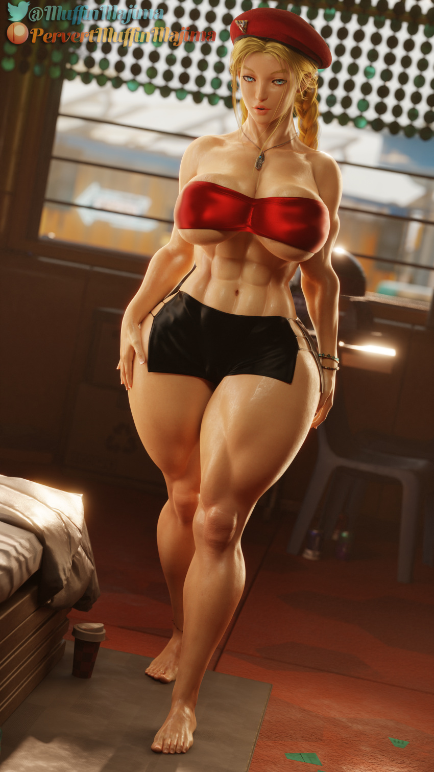 1girl abs blonde_hair blue_eyes braid cammy_white curvy feet female_only hat ilust muscular muscular_female skirt street_fighter thick_thighs voluptuous
