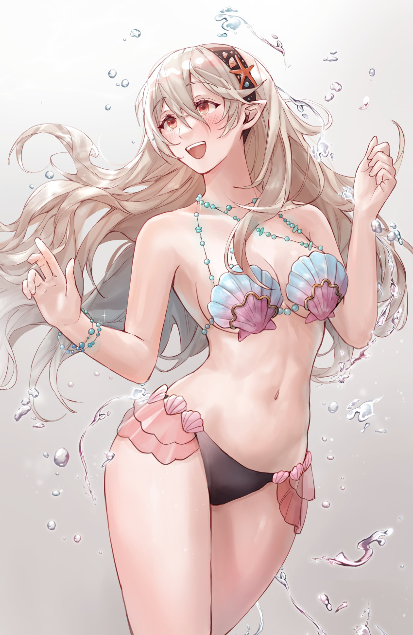 1girl absurd_res alluring alternate_costume bangs bare_legs bare_thighs big_breasts bikini black_hairband blonde_hair blush bracelet breasts cleavage commentary corrin_(fire_emblem) corrin_(fire_emblem)_(female) corrin_(summer)_(fire_emblem)_(female) female_only fire_emblem fire_emblem_cipher fire_emblem_fates floating_hair grey_hair hair_between_eyes hairband hartman_hips high_res long_hair looking_away medium_breasts midriff navel nintendo official_alternate_costume open_mouth pointy_ears red_eyes s shell shell_bikini smile sobasakuhin starfish starfish_hair_ornament stomach swimsuit teeth thighs upper_teeth video_game video_game_character video_games water