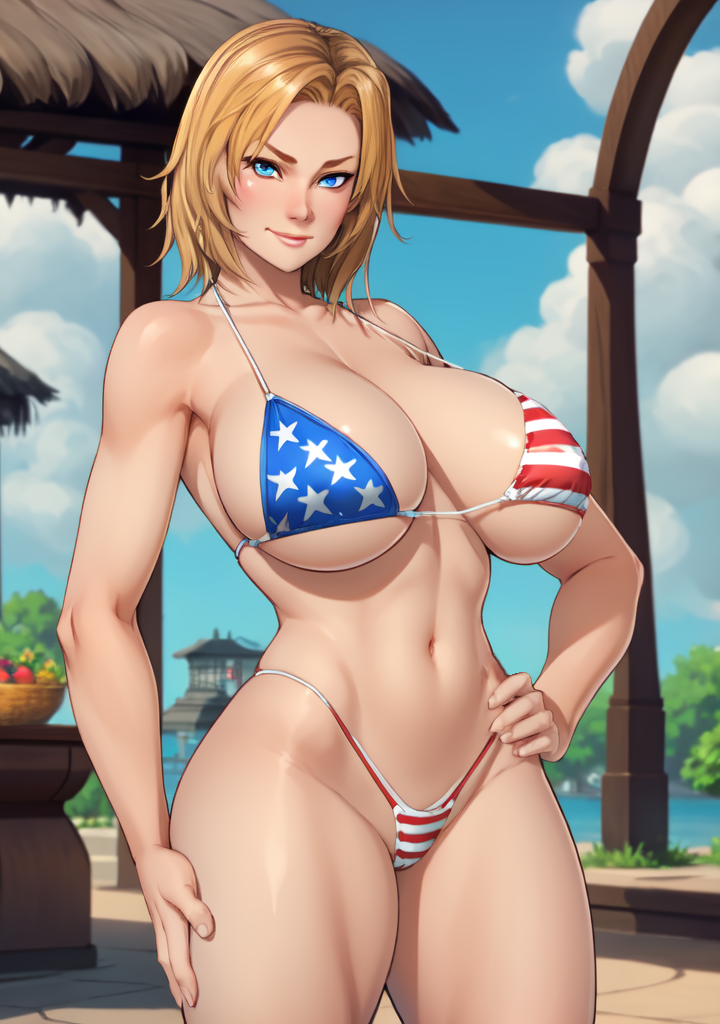 1girl alluring american_flag_bikini bare_legs big_breasts bikini blonde_hair blue_eyes cleavage dead_or_alive dead_or_alive_2 dead_or_alive_3 dead_or_alive_4 dead_or_alive_5 dead_or_alive_6 dead_or_alive_xtreme dead_or_alive_xtreme_2 dead_or_alive_xtreme_3 dead_or_alive_xtreme_3_fortune dead_or_alive_xtreme_beach_volleyball dead_or_alive_xtreme_venus_vacation female female_only highres long_hair smile sochraide solo tecmo tina_armstrong under_boob