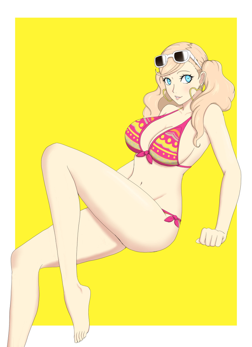 1girl alluring ann_takamaki bare_legs big_ass big_breasts big_breasts bikini blonde_female blonde_hair blue_eyes breasts cleavage eyewear_on_head nahone_peko persona persona_5 sunglasses sunglasses_on_head swimsuit teen thick_thighs thin_waist twin_tails wide_hips