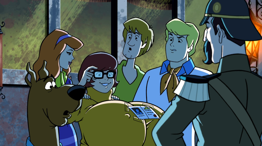2_girls 4_boys big_breasts black_eyes blonde_hair breast_expansion brown_fur brown_hair daphne_blake dog freddy_jones glasses helmet moustache orange_hair photoshop scooby scooby-doo shaggy_rogers smirk surprised velma_dinkley woot