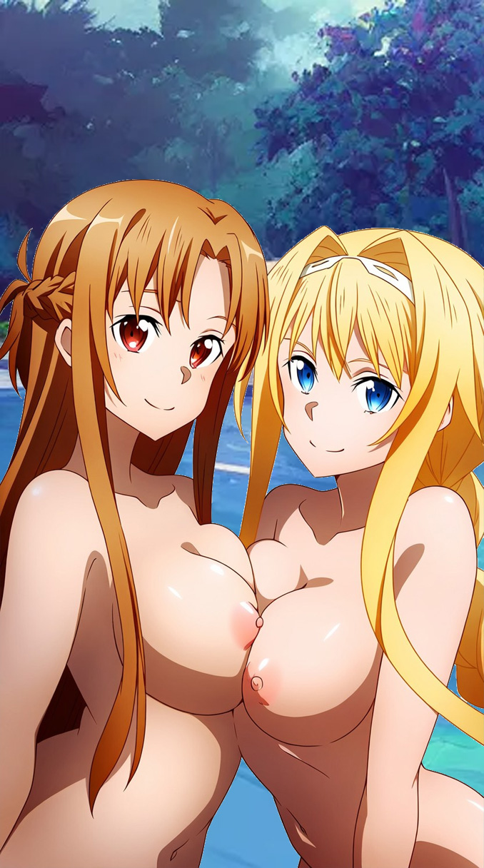 2_girls alice_schuberg alluring asuna_(sao) auburn_hair big_breasts blonde_hair blue_eyes brown_eyes completely_nude nipples nude pimi skinny_dipping swimming_pool sword_art_online yuri