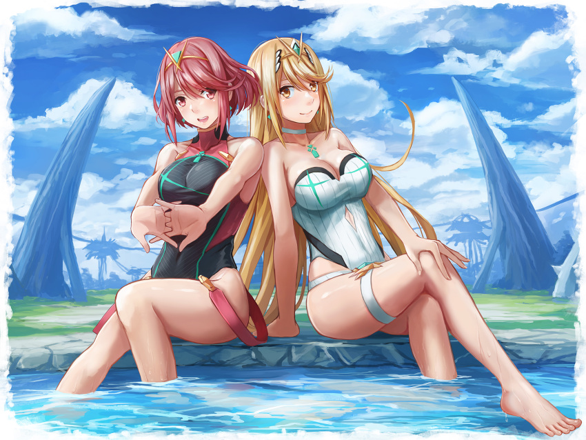 2girls alluring arm_support back-to-back bare_arms bare_legs bare_shoulders barefoot beach big_breasts black_one-piece_swimsuit blonde_hair blue_sky blush border breasts casual_one-piece_swimsuit chest_jewel choker cleavage closed_mouth cloud collarbone commentary competition_swimsuit covered_collarbone covered_navel day diamond_(shape) earrings feet feet_out_of_frame gem grass green_gemstone hair_between_eyes halterneck hand_on_own_knee high_res hip_vent interlocked_fingers jewelry leaning_to_the_side light_smile long_hair looking_at_viewer medium_breasts multiple_girls mythra nintendo on_ground one-piece_bikini one-piece_swimsuit open_mouth outside outstretched_arms palms pyra red_eyes red_hair redpoke ribbed_swimsuit short_hair sideboob sidelocks sitting sky smile soaking_feet strap stretching swept_bangs swimsuit taut_clothes thighs tiara turtleneck very_long_hair water wet white_border white_choker white_one-piece_swimsuit xenoblade_(series) xenoblade_chronicles_2 yellow_eyes