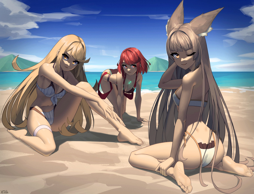 3_girls absurd_res adapted_costume all_fours alluring artist_name barefoot beach bikini black_bikini blonde_hair blue_sky breasts brown_eyes brown_hair cleavage closed_mouth cloud cloudy_sky commentary day english_commentary feet full_body hand_on_own_leg hand_up hands_on_own_leg high_res highleg highleg_bikini knee_up legs long_hair looking_at_viewer medium_breasts medium_hair multiple_girls mythra mythra_(radiant_beach)_(xenoblade) mythra_(xenoblade) nia_(blade)_(xenoblade) nia_(xenoblade) one_eye_closed outside pyra pyra_(pro_swimmer)_(xenoblade) pyra_(xenoblade) red_eyes red_hair shadow sidelocks sitting sky small_breasts soles swept_bangs swimsuit thigh_strap toenails toes wariza white_bikini x_xith_x xenoblade_(series) xenoblade_chronicles_2