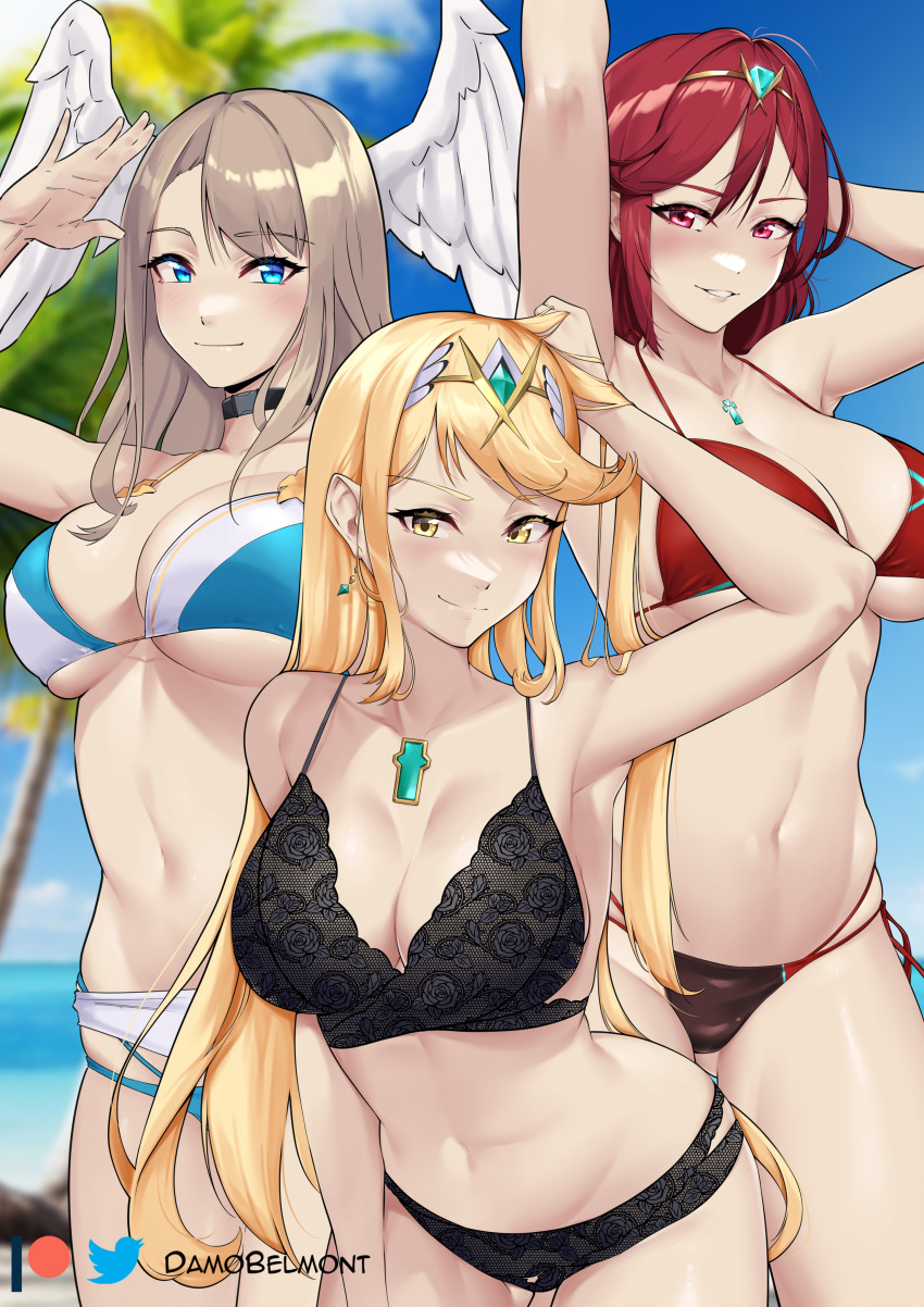 3_girls alluring arm_up arms_behind_head bangs bare_arms bare_shoulders big_breasts bikini black_bra black_choker black_panties blonde_hair blue_bikini blue_eyes blue_sky blush bra breasts brown_hair choker cleavage core_crystal cowboy_shot damodar day eunie_(xenoblade) female_only grin head_wings heroine heroines high_res long_hair looking_at_viewer milf multi-strapped_bikini multiple_girls mythra navel official_alternate_costume outside panties parted_lips posing pyra red_bikini red_eyes red_hair sarong sky smile standing stomach swimsuit thighs underwear underwear_only voluptuous wings wings_on_head xenoblade_(series) xenoblade_chronicles_2 xenoblade_chronicles_3 yellow_eyes