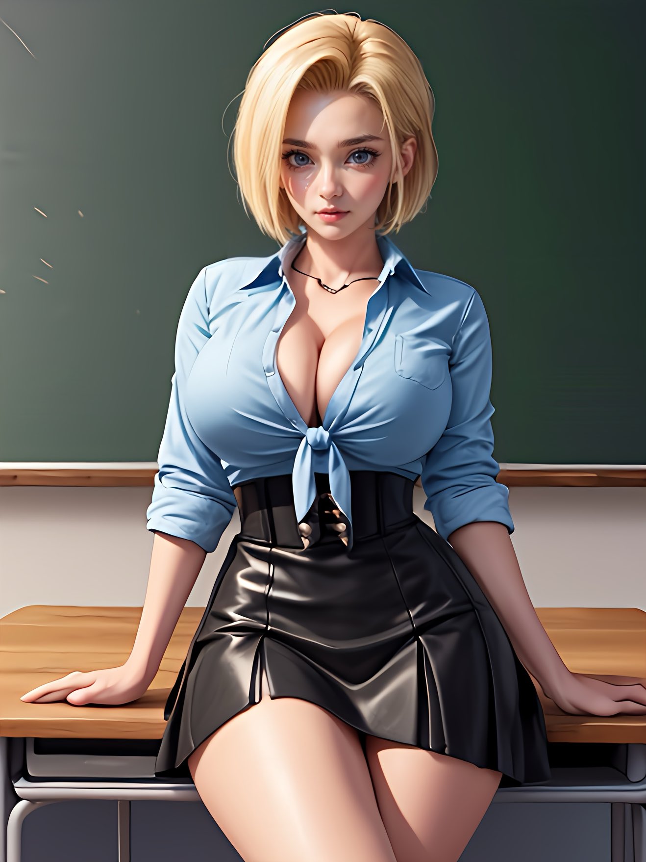 ai_generated android_18 black_skirt blonde_hair dragon_ball dragon_ball_super dragon_ball_z mature_female medium_hair miniskirt sexually_suggestive short_hair skirt