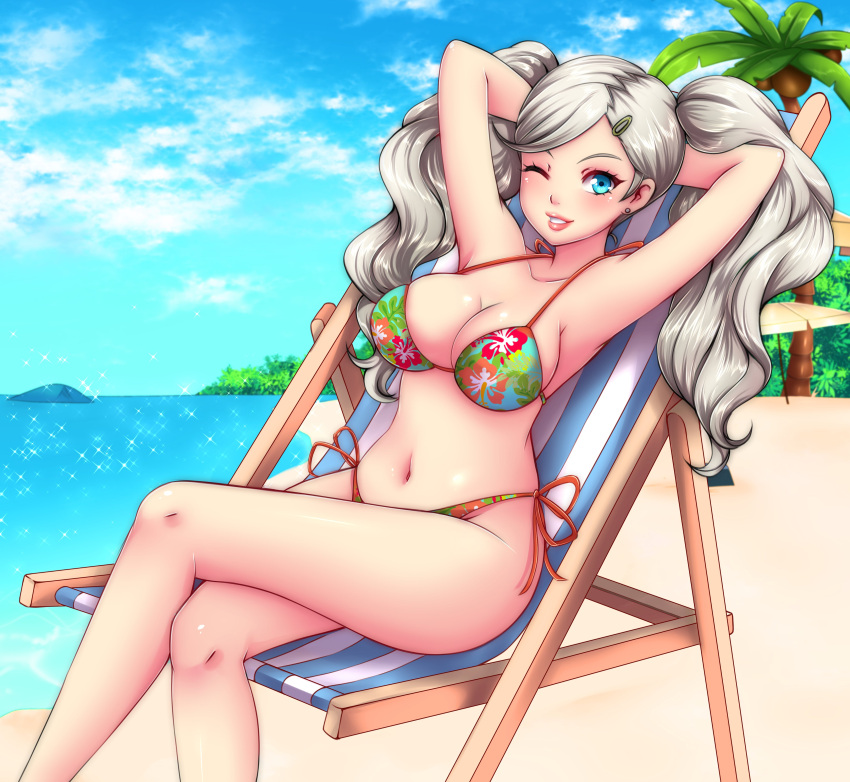 1girl 1girl 1girl alluring ann_takamaki atlus bare_legs beach bikini blue_sky breasts cleavage female_only looking_at_viewer megami_tensei ocean one_eye_closed persona persona_5 sugarbell tagme