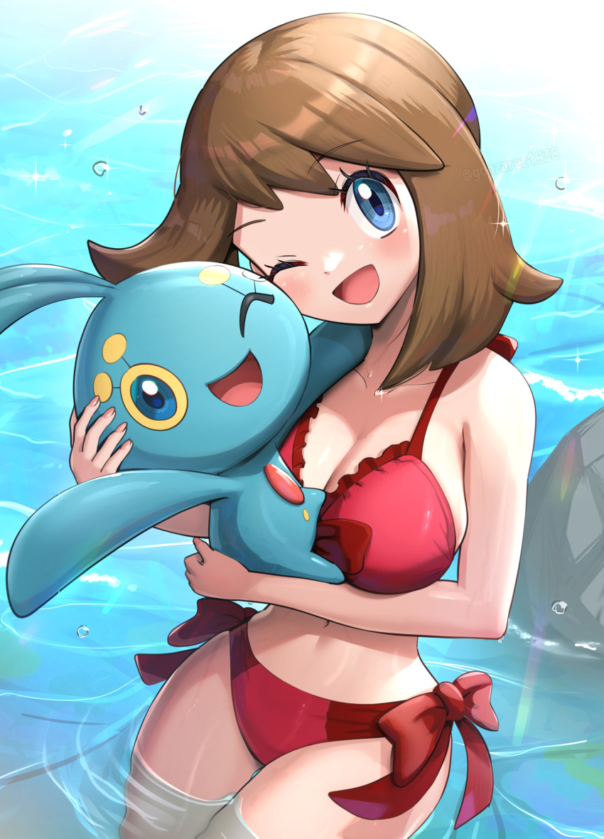 1girl 1girl 1girl alluring bikini breasts cleavage game_freak gonzarez looking_at_viewer manaphy may may_(pokemon) nintendo pokemon pokemon_rse swimsuit