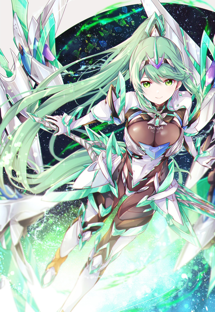 1girl 1girl alluring armor big_breasts breasts green_eyes green_hair high_res long_hair pneuma_(xenoblade) ponytail ui_frara very_long_hair white_armor xenoblade_(series) xenoblade_chronicles_2