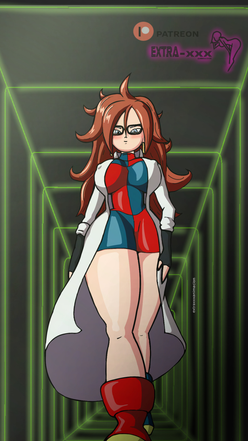 1girl 1girl android_21 big_breasts blue_eyes breasts doctor dragon_ball dragon_ball_super glasses humanoid_robot legs long_hair long_legs mature_female miniskirt nude robot sexually_suggestive skirt solo_focus