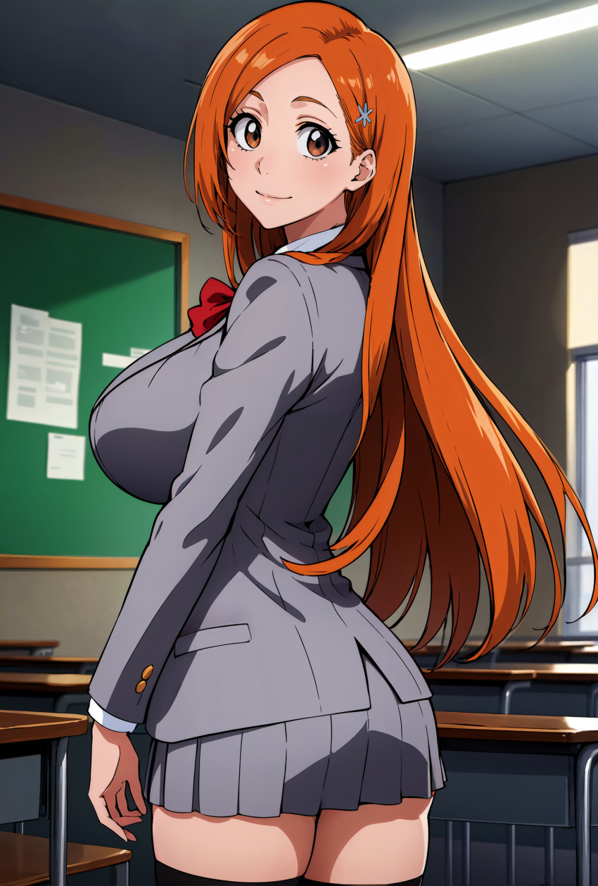 1girl 1girl big_breasts black_thighhighs bleach blush breasts brown_eyes classroom desk grey_jacket grey_skirt hair_ornament hairclip high_res indoors inoue_orihime jacket long_hair looking_at_viewer looking_back metadata_request miniskirt moai_(artist) model_request orange_hair pleated_skirt school_uniform skirt smile stockings