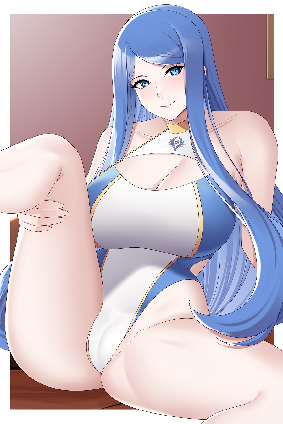 1girl 2023 alluring alternate_costume aslind_samure aslindsamure blue_eyes blue_hair breasts cleavage female_only fire_emblem fire_emblem_engage huge_breasts indoors leg_grab light-skinned_female light_skin long_hair looking_at_viewer lumera_(fire_emblem) nintendo one-piece_bikini one-piece_swimsuit partially_visible_vulva sitting smile spread_legs swimsuit very_long_hair white_one-piece_swimsuit white_swimsuit