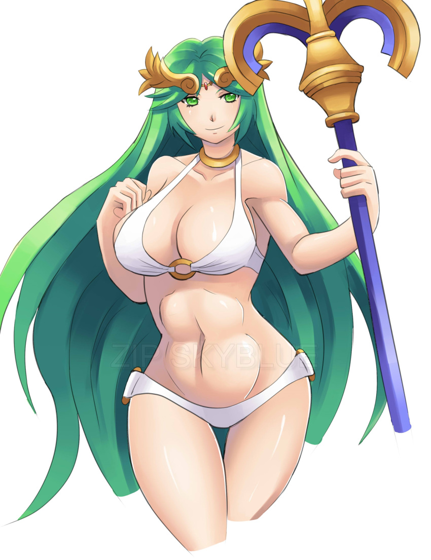 1girl abs alluring alternate_breast_size alternate_costume athletic_female big_breasts bikini breasts female_abs fit_female green_eyes green_hair holding holding_object holding_staff kid_icarus looking_at_viewer medium_hair nintendo open_mouth palutena staff swimsuit watermark white_skin zipskyblue